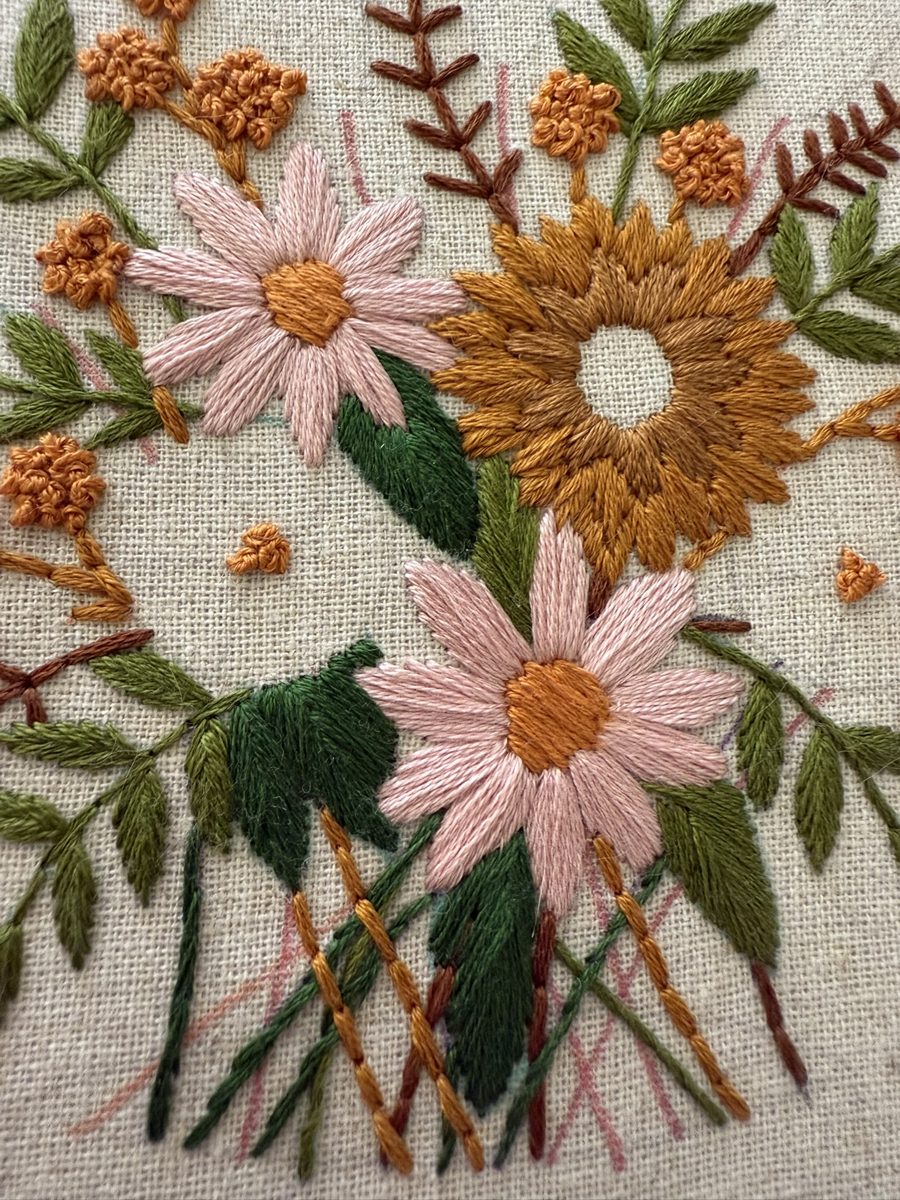Close-up of embroidered pink and ochre flowers on linen