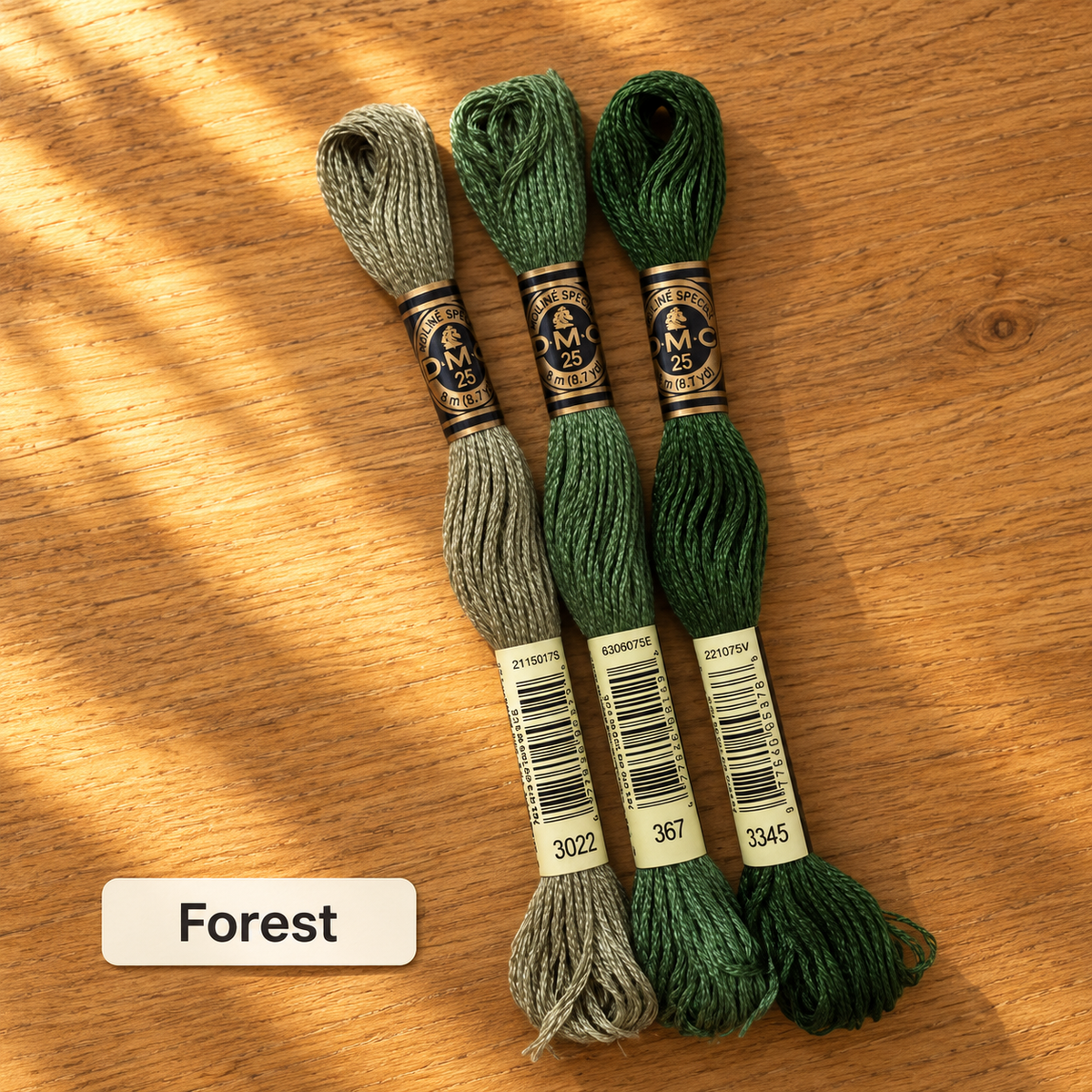 Forest DMC Embroidery Floss Pack – 3 Skeins (DMC 3022, 367, 3345), Six-Strand Cotton