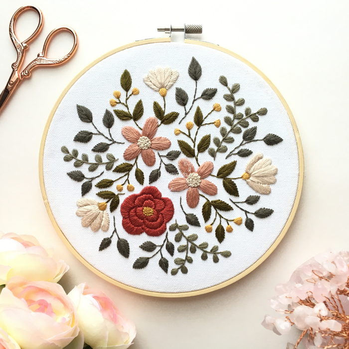 Earthy Botanicals embroidery kit: pink, cream and deep red flowers with sage leaves, stitched in a wooden hoop
