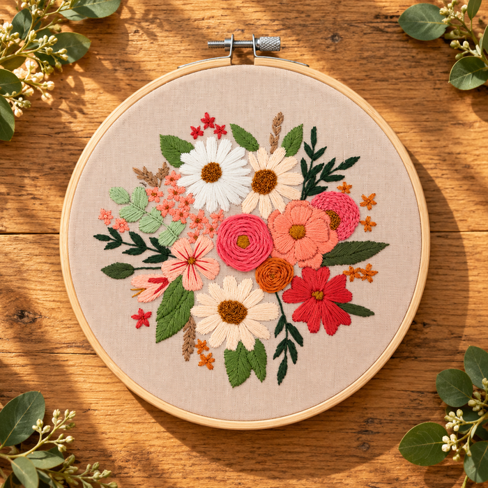 Peach Blossom – Finished Hand Embroidered Hoop, 7 Inch, Felt Backed, Ready to Gift