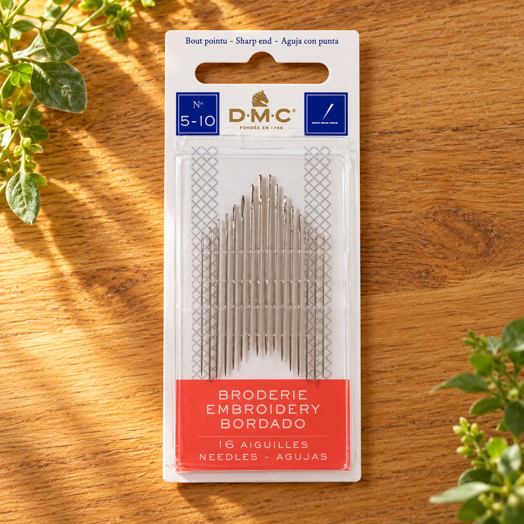 DMC Hand Embroidery Needles – Sharp Point, 16-Pack – Size 5 or Assorted Sizes 5–10