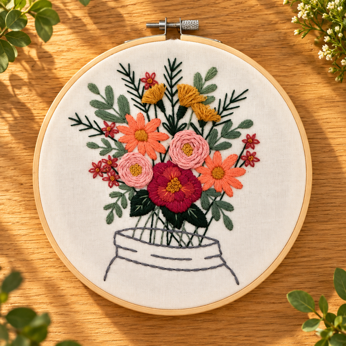 End of Summer Jar finished embroidery hoop: coral daisies, pink and red roses and golden blooms in a stitched jar, 7 inch wooden hoop on a woodgrain table
