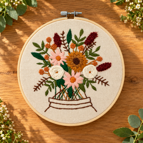 Autumn Posy finished embroidery hoop: sunflower, pink daisies, cream roses and deep red plumes in a stitched basket, 7 inch wooden hoop on a woodgrain table