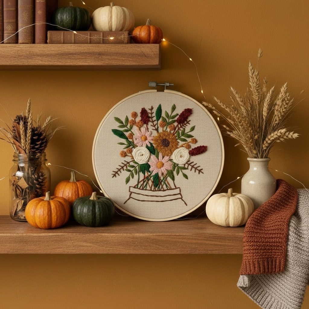 Autumn Posy finished embroidery hoop on a shelf with pumpkins