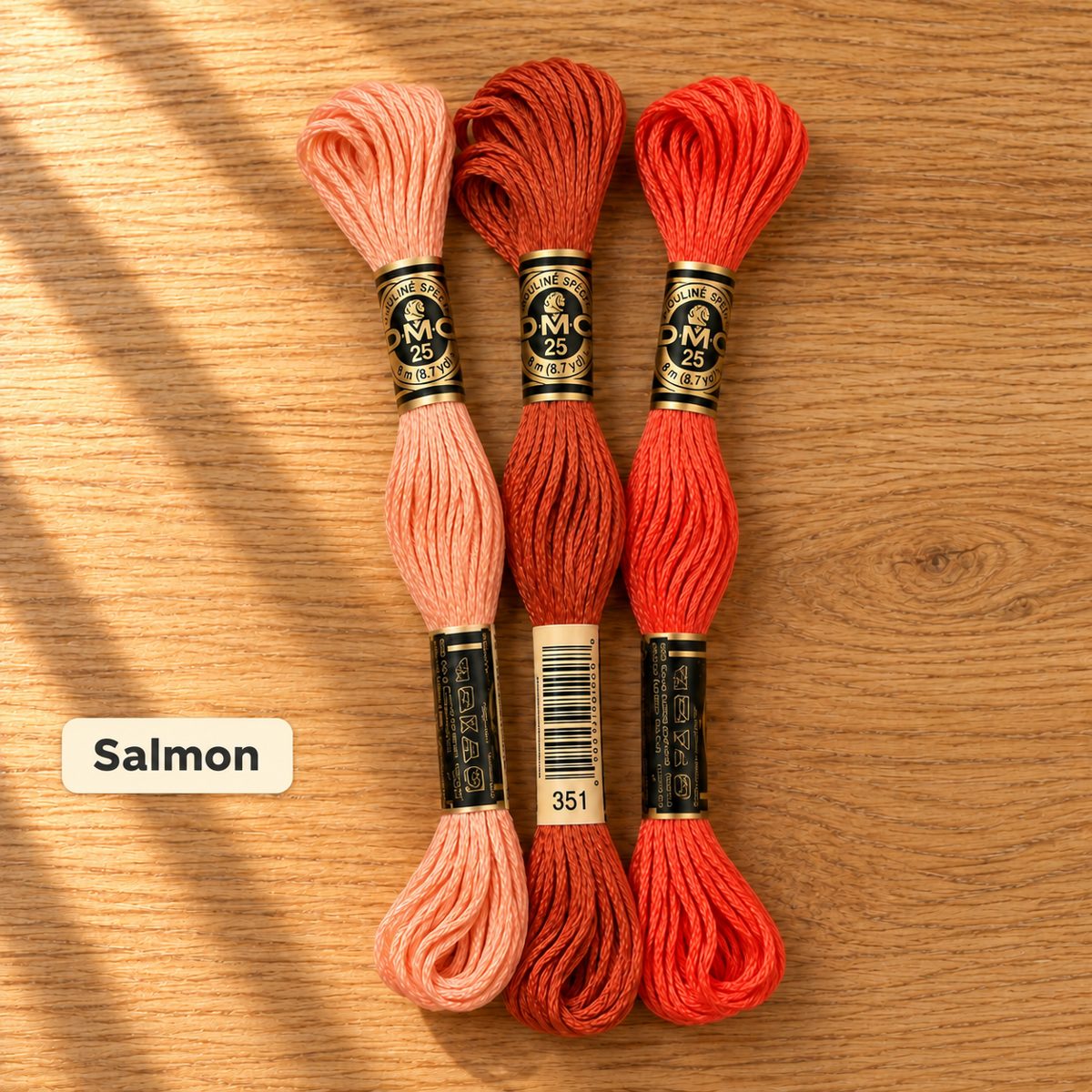 Salmon palette pack of three DMC embroidery floss skeins