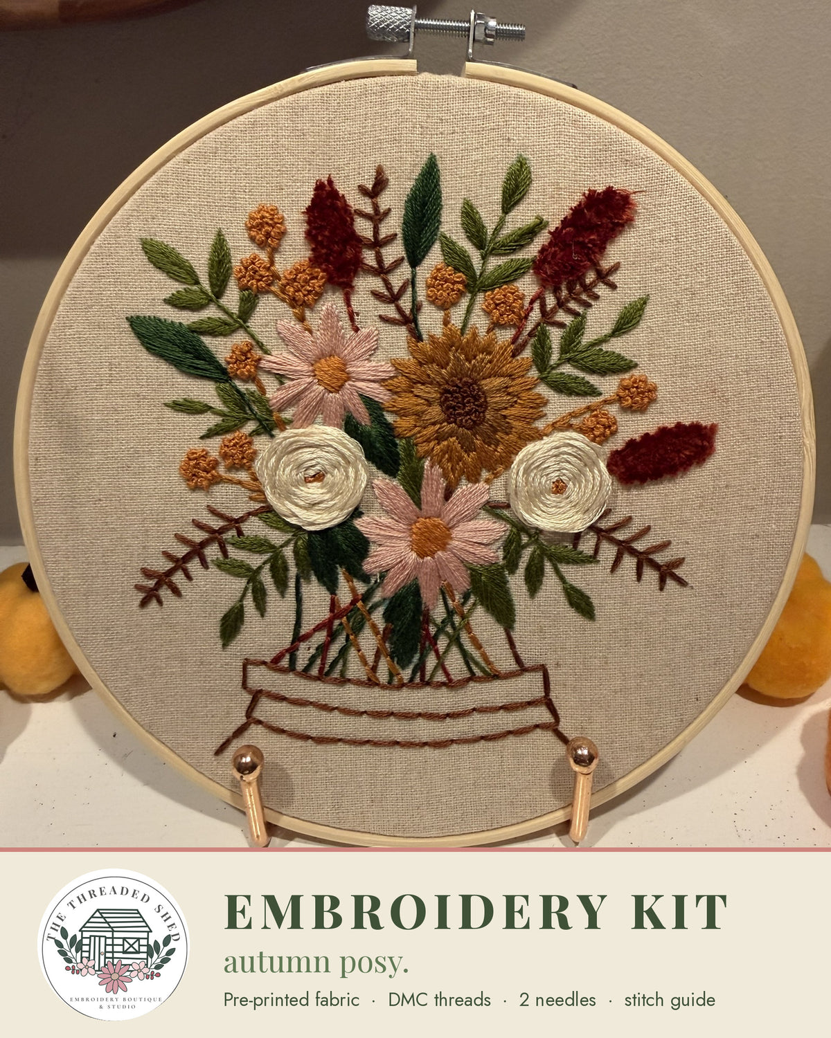 Autumn Posy Embroidery Kit – Fall Sunflower Bouquet, Pre-Printed Linen, DMC Thread, Fits 7" Hoop