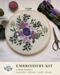 Cottage Bouquet Embroidery Kit – Purple Floral, Pre-Printed Linen, DMC Thread, Fits 7" Hoop
