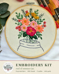 End of Summer Jar Embroidery Kit – Flowers in a Jar, Pre-Printed Linen, DMC Thread, Fits 7" Hoop