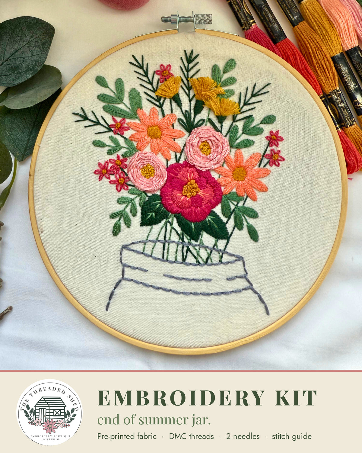 End of Summer Jar Embroidery Kit – Flowers in a Jar, Pre-Printed Linen, DMC Thread, Fits 7" Hoop