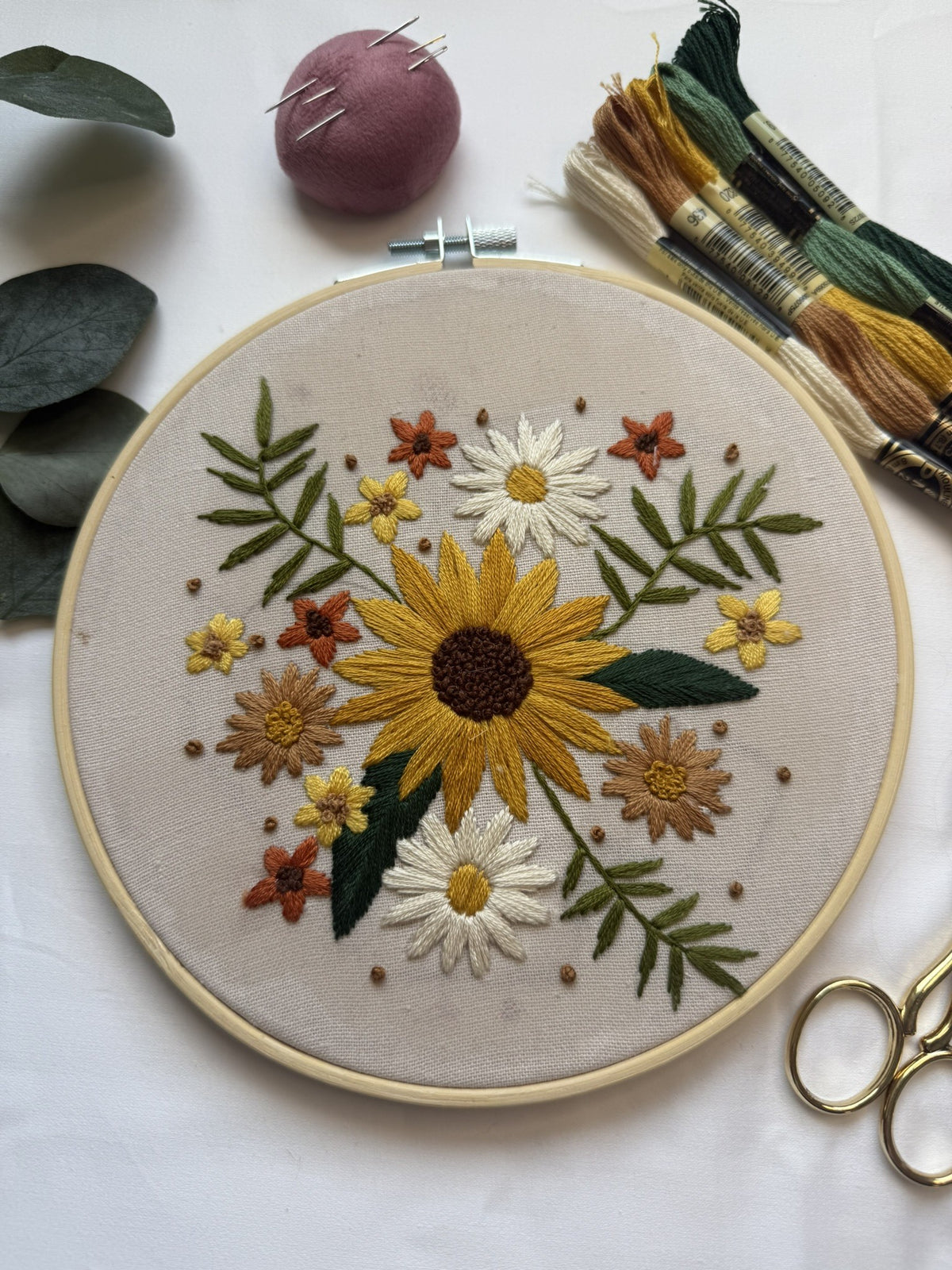 Harvest Sunflower – Finished Hand Embroidered Hoop, 7 Inch, Felt Backed, Ready to Gift
