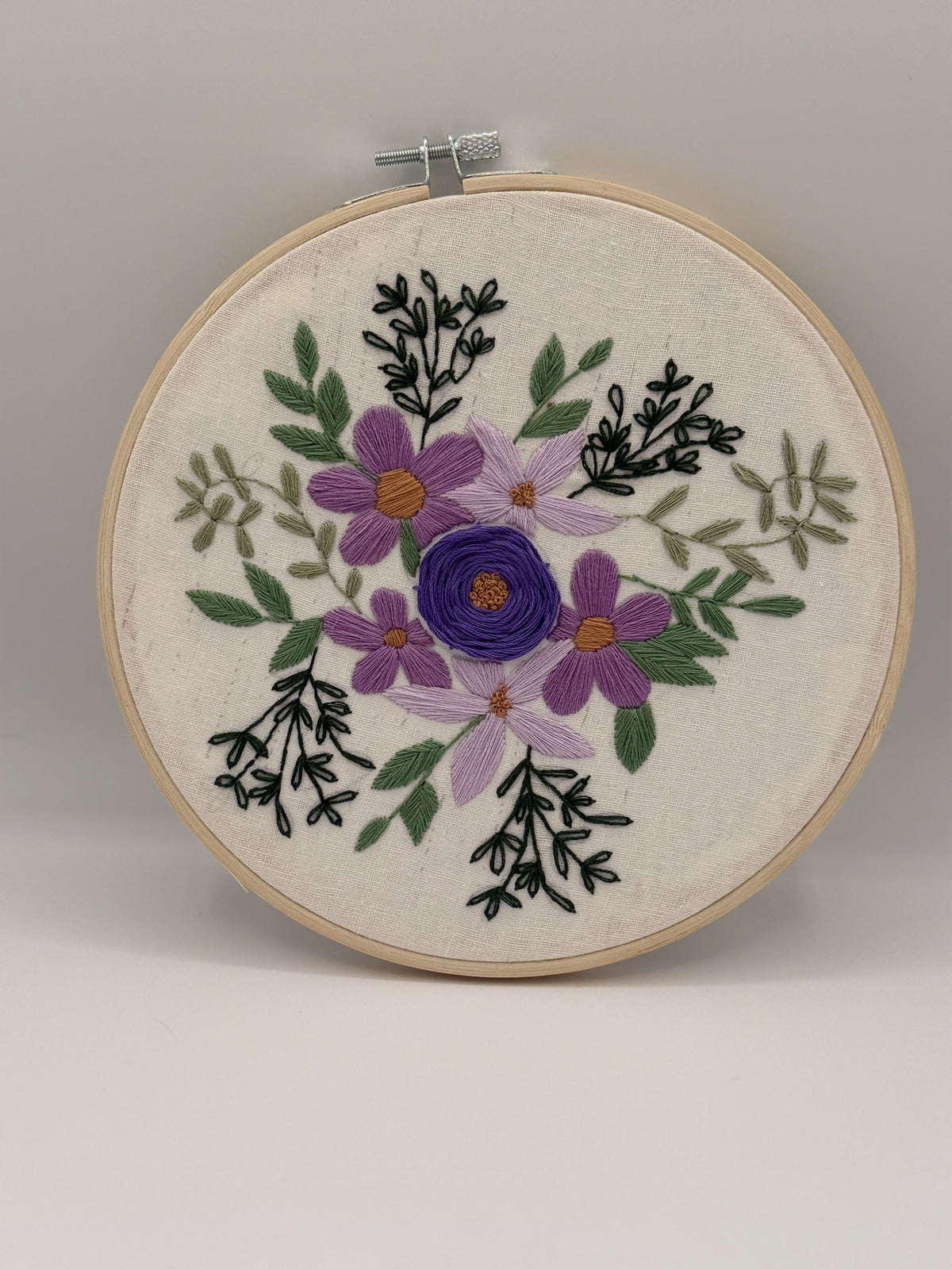 Violet Posy – Finished Hand Embroidered Hoop, 7 Inch, Felt Backed, Ready to Gift