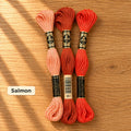 Salmon palette: three DMC six-strand embroidery floss skeins on a woodgrain table